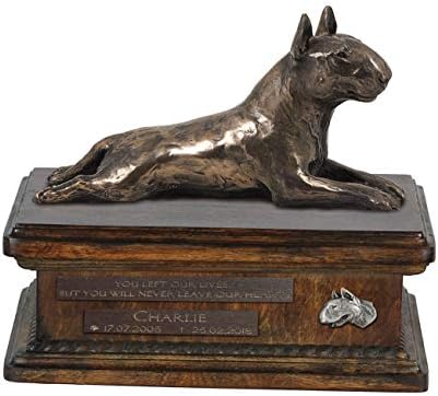 Bull terrier mentindo, urna para cães cinzas memorial com estátua, nome do animal de estimação e citação - Artdog personalizado