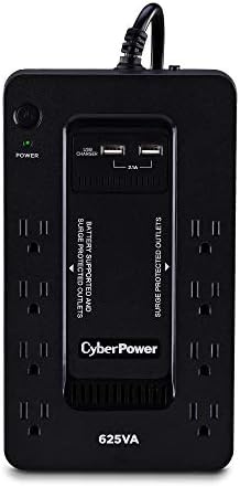 CyberPower St625U Sistema de espera UPS, 625VA/360W, 8 pontos de venda, 2 portas de carregamento USB, compacto, preto