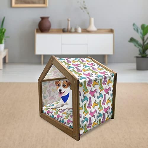 Lunarable Teen Wooden Pet House, Roller de estilo retrô colorido Patins juvenil Meninos Garotos Esboços de temas divertidos, canil portátil ao ar livre e coberto com travesseiro e capa, pequeno, multicolorido