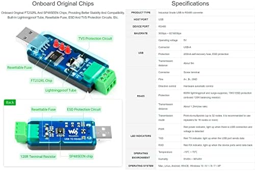 Adaptador bidirecional do conversor Industrial USB a RS485 com WaveShare com chip original FT232RL e SP4855, TVs a bordo,