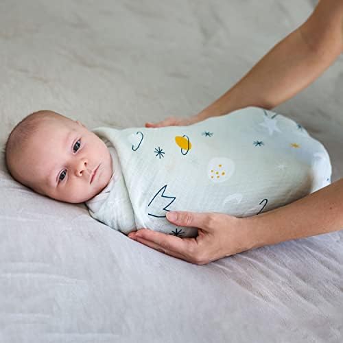 Muslina de luxo de algodão algodão para recém -nascidos para recém -nascidos, meninas e meninos azuis estrelais marmecidos bege