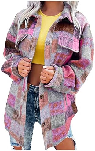 Camisas de lã dnuri para mulheres de manga comprida outono inverno colorido jaquetas xadrezas casuais casaco de lã para menina adolescente
