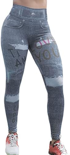 ZJLNA Damas impressas Jeans Faux Yoga Leggings de fitness Leggings Outdoor Sports Sports Workout Abdominal Alta cintura leggings