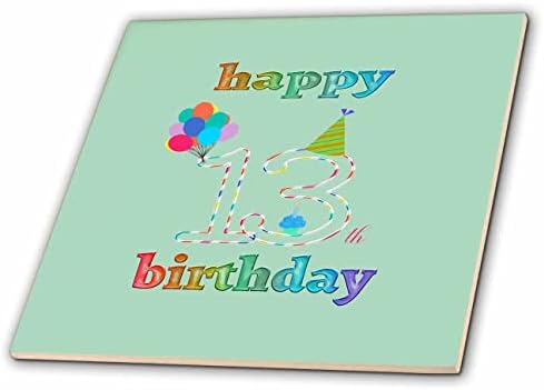 3drose feliz 13º aniversário, cupcake com vela, balões, chapéu, colorido - azulejos