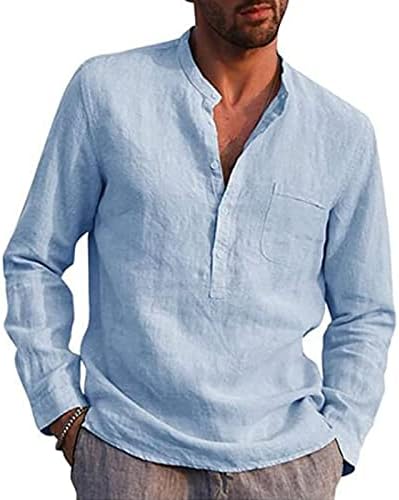 Camisa casual de decote em V para manga comprida mas masculina tops de ioga de verão com a camisa de botão de linho de praia de praia