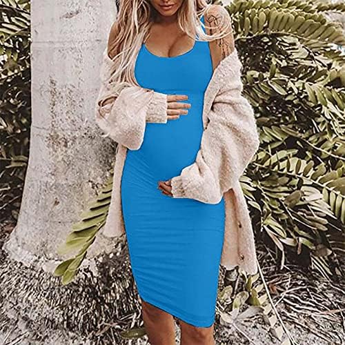 Maternidade feminina Vestido de verão Body Bodycon Scoop Sollop Solid & Tie Dye Dress Casual Vestido Longo