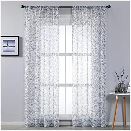 Daesar Sheer Voile Curtains 2 painéis, cortina de quarto sem perfurar galhos azuis de poliéster tratamentos da janela da sala de estar