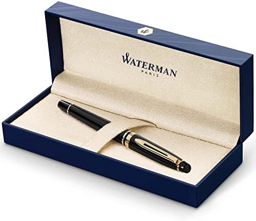 Caneta de rollerball especialista em Waterman, preto brilhante com acabamento de ouro de 23k, ponto fino com cartucho de tinta preta e caneta de tinta especializada, preto brilhante, acabamento de ouro de 23k, ponta fina com cartucho de tinta azul, caixa de presente