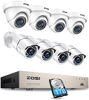 ZOSI 8CH 5MP Lite H.265+ Sistema de câmeras de segurança doméstica ao ar livre com disco rígido de 1 TB, DVR com fio de 8 canais com câmeras CCTV à prova de 8pcs 1080p, de 120 pés, acesso remoto para gravação 24/7