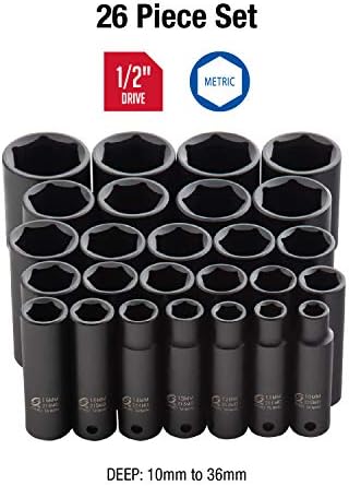 Sunex 2646, conjunto de soquete de impacto profundo de 1/2 polegada, 26 peças, métrica, 10mm-36mm, aço de liga CR-MO,