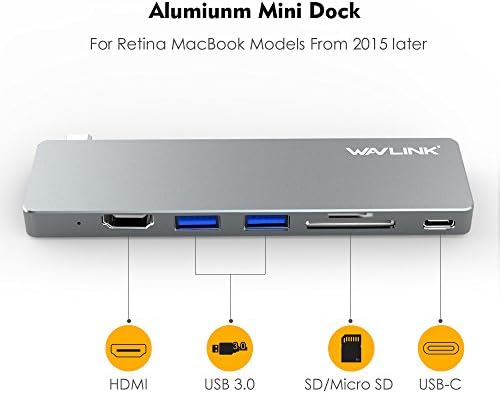 USB C Hub para MacBook Pro /2017, Adaptador de hub de carregamento de passagem do Wavlink, hub de alumínio tipo C para MacBook com 4K HDMI, SD/Micro SD Card Reader, USB3.0