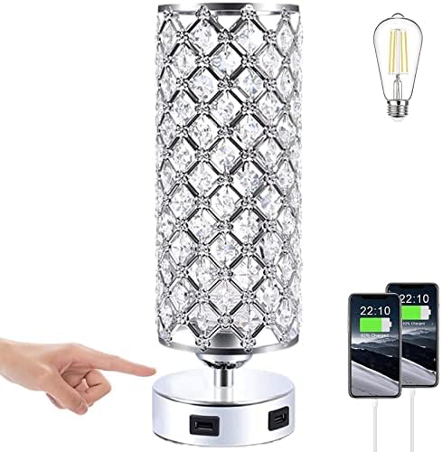 Brabola Crystal Table Lamps, Lâmpada de mesa de cabeceira de cabeceira de lâmpada de prata com 2 USB Charging Port Night