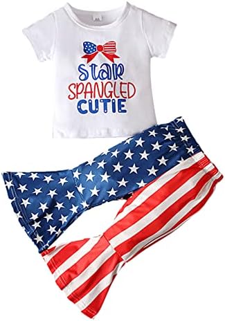 Criança de crianças meninas 4 de julho Palavras de manga curta Independence Day camiseta Tops calças 2pcs cestas de