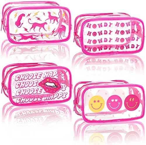 4 PCs Clear Pink Preppy Makeup Bag Preppy Cosmetic Bag Pvc Rosa Amarelo Smile Amarelo Lip Lip Pink Lip Transparente Saco de