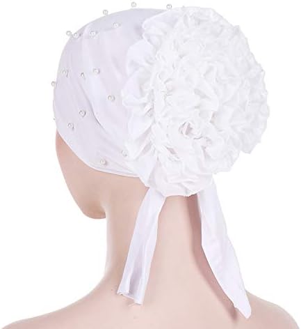 Womenie Beanie Hat Headwrap com Pearl Turban Ruffle Flower Flor Slouchy Feanie Caps for Women Muçulmano Capéu de Turro Treno