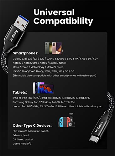 FASGEAR Cabo USB tipo C 1.65 pés: USB curto a a C 3.2 Gen 2 Cord stratado - 10 Gbps Android Auto Tipo C Cabo de dados - 3A Carregamento rápido compatível com iPad Pro Externo SSD X -Box Series Controller
