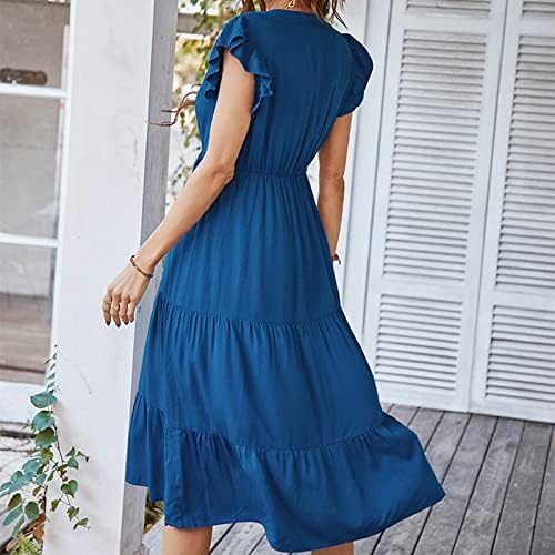 Lmdudan 2023 Vestidos de primavera de verão para mulheres Cor de manga curta Sólida Uma linha Swing Midi Dress Elegante vestido de