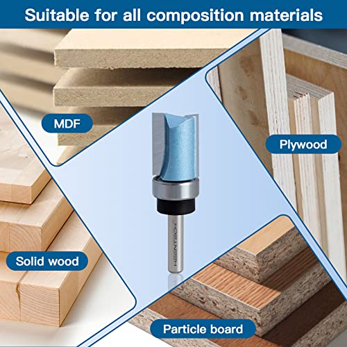 Bits de roteador de padrão keentech com 1/4 de haste, 1/2 de diâmetro de corte, profundidade de corte de 1-1/2, bit de acabamento de nivelamento de rolamento superior de carboneto C4 de grau C4 para iniciantes e especialistas em madeira, azul, azul