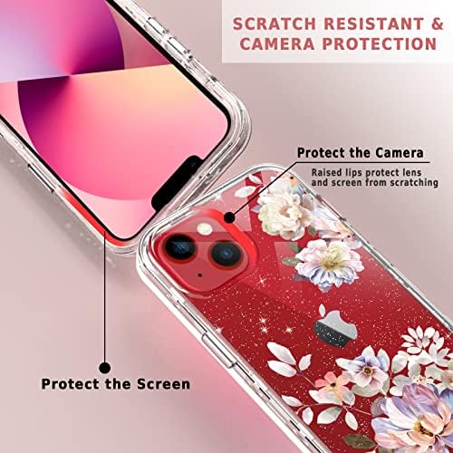 ACKETBOX para iPhone 13 Case com protetor de tela e protetor de lente de câmera + suporte de anel ， Design de padrões florais para mulheres e meninas Caixa de telefone protetor de corpo inteiro para iPhone 13