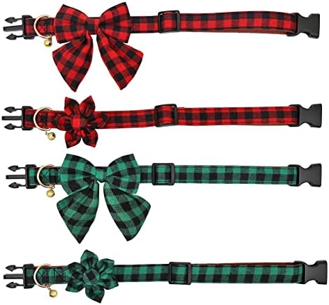 Christmas Dog Collar Classic Plaid Ajustável com Flores e Sinos de gravata borboleta fofos