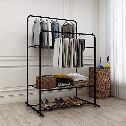 Voohek robusto rack de roupas espaciais com hastes duplas de armazenamento multifuncional perfeito para quarto/sala, preto