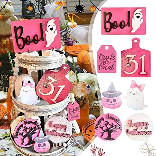 7pcs Halloween em camadas de decoração de bandeja, Boo Happy Halloween Farmhouse Rússico Sinais de madeira rústicos