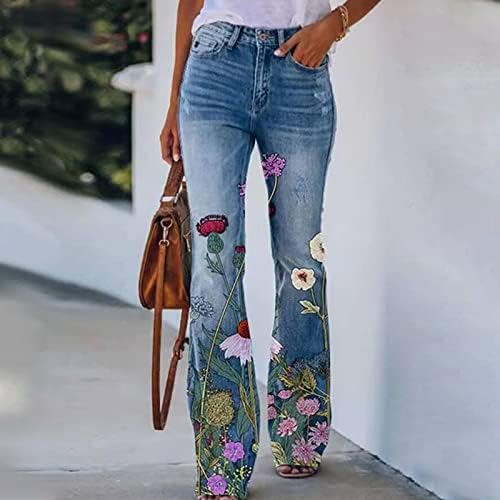 Selfas angustiadas da perna reta da primavera feminina Vintage Jeans elegante estampado solto e solto