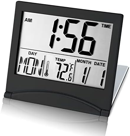 Kanbit Small Digital Travel Despertler Battery Operado, portátil número grande exibir despertador com data e temperatura, 12/24 h Pequeno relógio preto do relógio