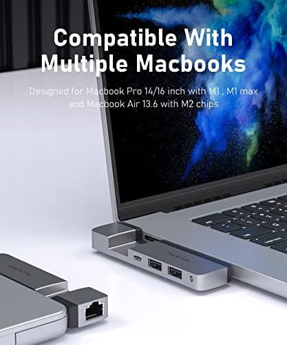 Pulwtop USB C Hub para MacBook, Adaptador multiporto de cubo USB C com porta USB C multifuncional, Gigabit Ethernet, 2*USB 3.2, para M1 、 M2 MacBook Air/Pro