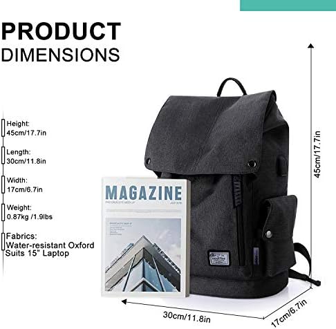 Windtook Travel Laptop Mackpack for Men Casual Daypack com USB Charging Port School College Computer Book Bag Fit para notebook de 15 polegadas, preto