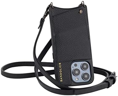 Bandolier Emma Crossbody Case de telefone e carteira - couro preto com detalhe de estanho - compatível com o iPhone 14 Pro