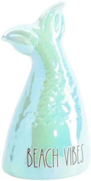 Cauda de sereia cerâmica decorativa com textos de praia vibrações em azul iridescente