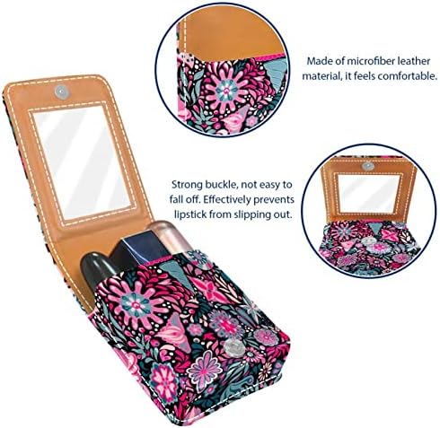 Caixa de batom de viagem rosa de flor vívida, mini bolsa cosmética de couro macio com espelho, saco de organizador de maquiagem portátil