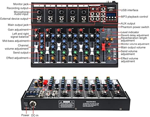 Canal de mixer de áudio, sons mixer para streaming. Console da placa de mistura com DJ Mixer 7 Channel, Interface de áudio USB