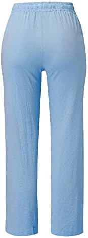 Calças de linho de algodão clássicas femininas de Wocachi Strech, Casual Loue Fit Wide perna larga Longa de calça longa com