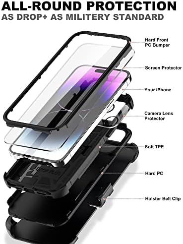 Caso de defensor do Ronshieh para iPhone 14 com clipe de cinto de coldre: [2PCS Protetores de tela + protetor de lente da câmera] Capacidade de telefone robusta de choque protetor de proteção pesada para homens, preto