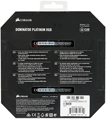 Corsair Dominator Platinum RGB 16GB DDR4 3600 C18 1,35V AMD Memória otimizada- preto