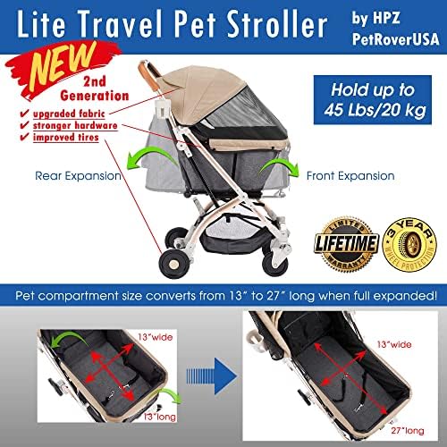 HPZ Pet Rover Lite Premium Premium Cão leve/gato/carrinho de estimação Carriagem de viagem com compartimento conversível/entrada