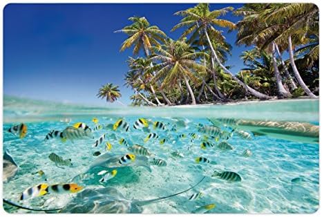 Ambesonne Tropical Pet tapete para comida e água, ilha exótica acima e subaquática panorâmica cênica da costa intocada