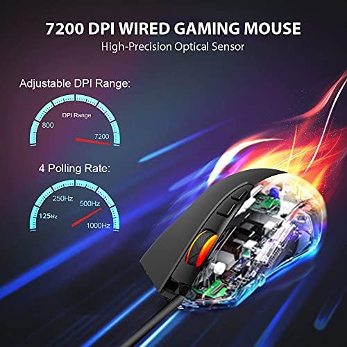 Npet M70 Mouse de jogos com fio, 7200 dpi, 7 botões programáveis, retroiluminado RGB, PC óptico ergonômico, ratos