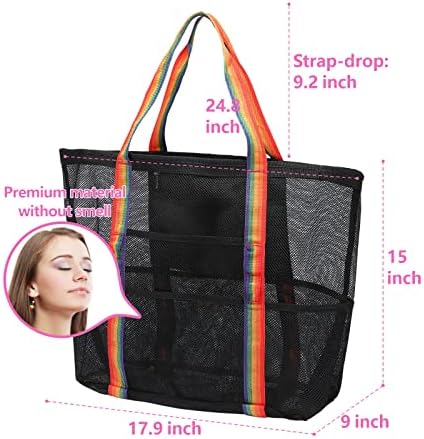 Packism Mesh Beach Bag-Tote para mulheres 9 bolsos grandes de brinquedos de praia