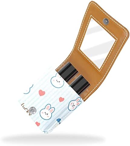 Caixa de batom de Oryuekan com espelho bolsa de maquiagem portátil fofa, bolsa cosmética, listras azuis de coelho animal de desenho
