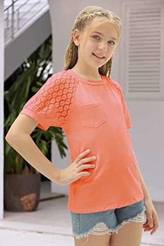 Garotas de verão Camisetas de manga curta renda casual tripulação de coloração sólida blusas tops tamanhos 6-15 anos