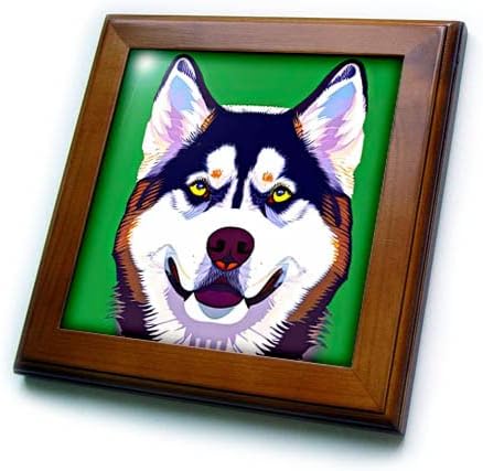 3drose deliclylightful siberian husky cão retrato em verde. Arte digital. - ladrilhos emoldurados