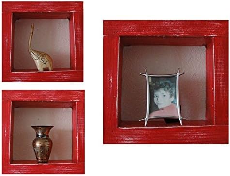 Exibição quadrada de madeira de madeira/madeira - 9 x 9 - vermelho - Recurso vintage angustiado recuperado decorativo