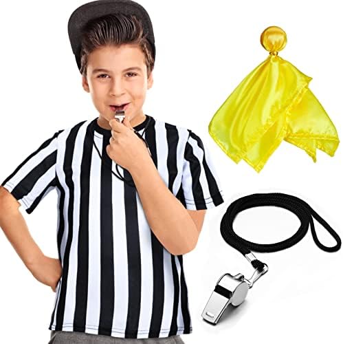 Artigo para camisa de árbitros infantis de 3 PCs, Jersey de árbitro em preto e branco Jersey Apito de aço inoxidável