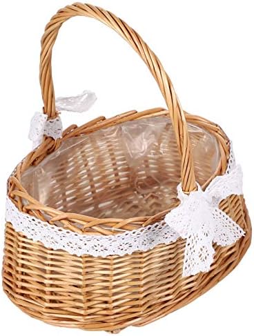 Alipis Flower Girl Cestas de vime Rattan Flor Basket Wedding Flower Girl Cestas, cesto de doces de ovos com alça de renda e