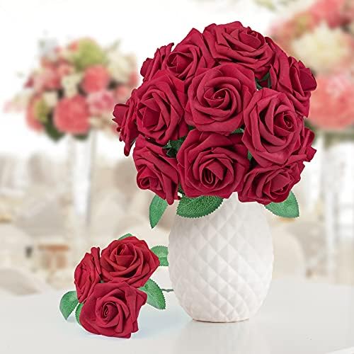 Mocoosy 50pcs Rosas vermelhas Flores artificiais, rosas falsas vermelhas escuras Rosas de espuma de aparência real com hastes