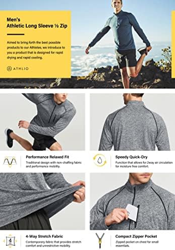 Athlio 3 Pack Men's Long Sleeve Athletic camisas - Rápido seco, proteção solar UV e 1/4 de pulôver com tampas de corrida