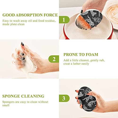Alaza Animal fofo estamvo preto esponjas naturais de cozinha esponja de celulose para pratos lavando banheiros e limpeza doméstica, não arranhões e ecológicos, 3 pacote